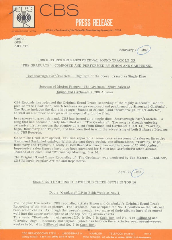 Simon & Garfunkel - CBS Press Release - August 12, 1968 [Holland] - Press Release