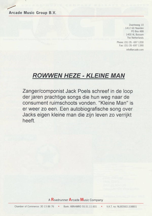 Rowwen Hèze - Kleine Man - 1999 [Holland] - Press Release / Sales Sheet
