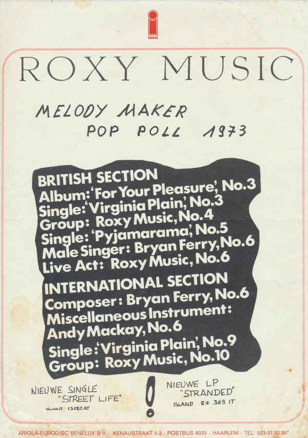 Roxy Music - Melody Maker Pop Poll - 1973 [Holland] - Press Release