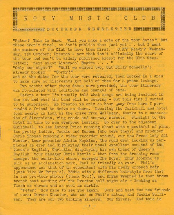 Roxy Music Club - December Newsletter - 1975 [UK] - Magazine