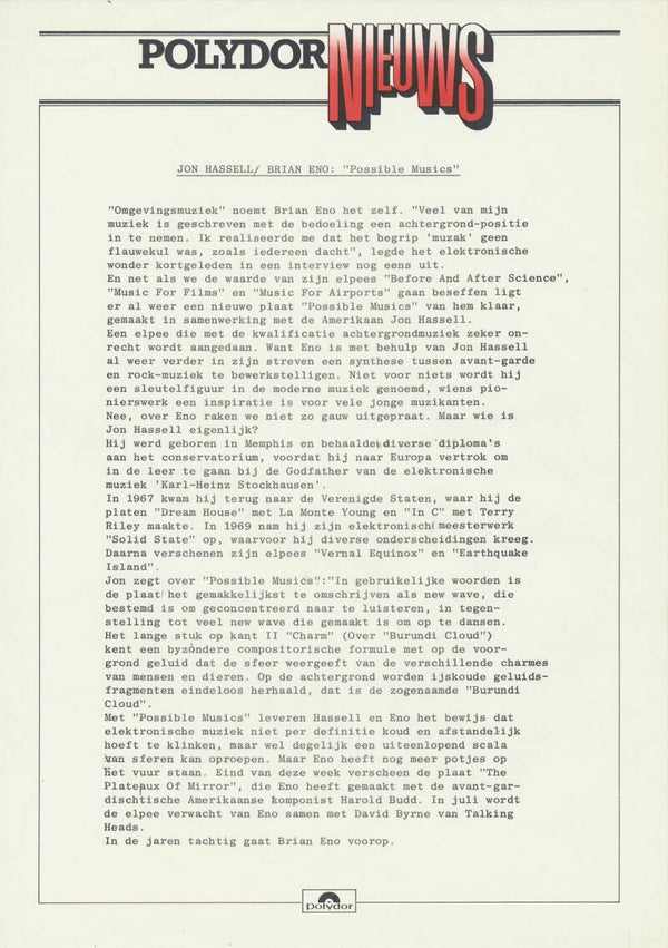 Jon Hassell / Brian Eno - Possible Musics - 1980 [Holland] - Press Release
