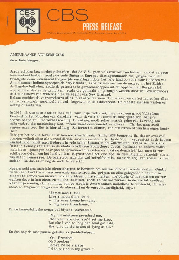 Pete Seeger - CBS Press Release - 1960s [Holland] - Press Release
