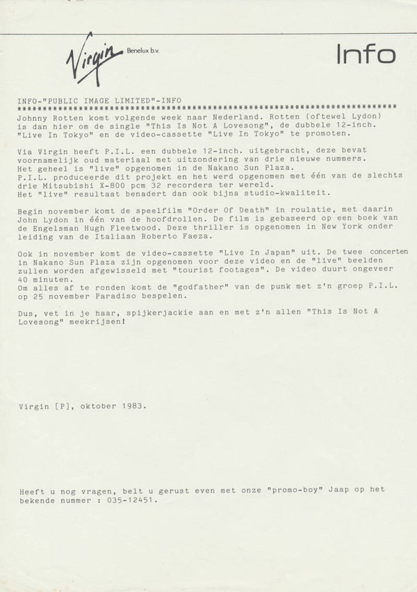 Public Image Limited - Info - October 1983 [Holland] - Press Release