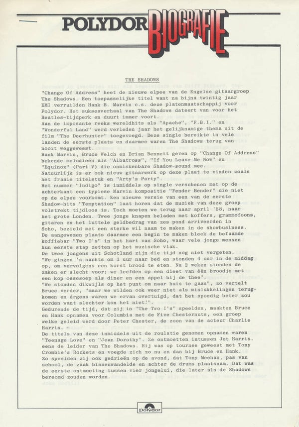 The Shadows - Polydor Biografie - September 1980 [Holland] - Press Release