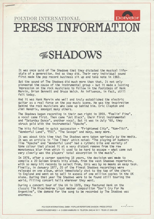 The Shadows - Press Information - September 1980 [Germany] - Press Release
