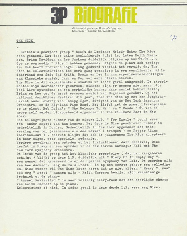 The Nice - 3P Biografie - 1969 [Holland] - Press Release