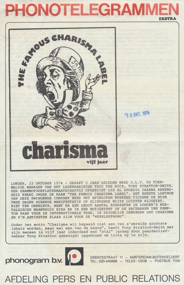 Charisma Vijf Jaar - Phonotelegrammen - October 18, 1973 [Holland] - Press Release