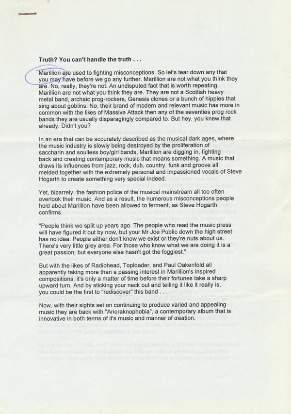 Marillion - Anoraknophobia - 2001 [Holland] - Press Release