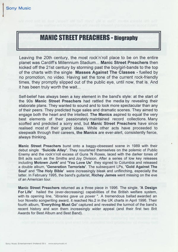 Manic Street Preachers - Know Your Enemy - March 2001 [Holland] - Press Release