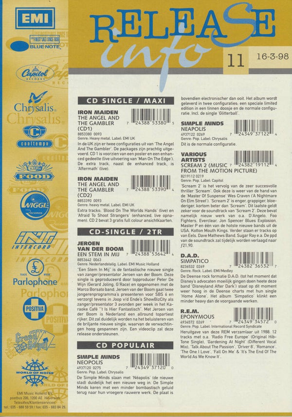 Iron Maiden - Release Info - March 16, 1998 [Holland] - Sales Sheet