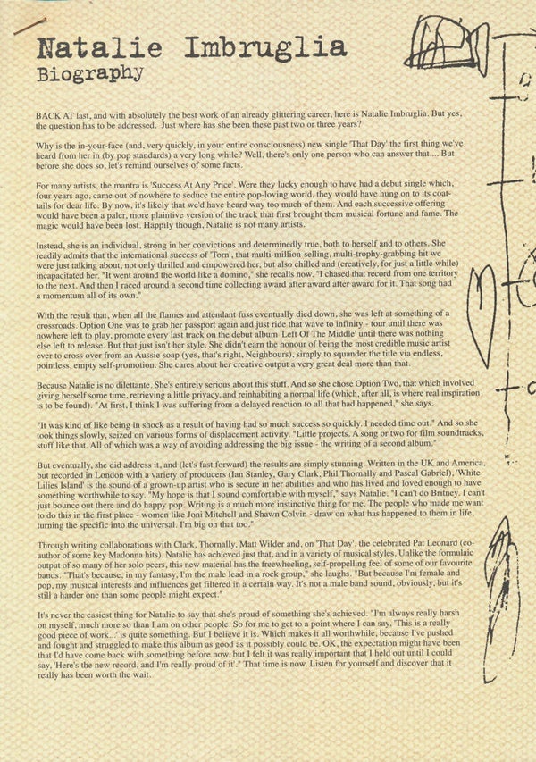 Natalie Imbruglia - Biography - August 2001 [Holland] - Press Release