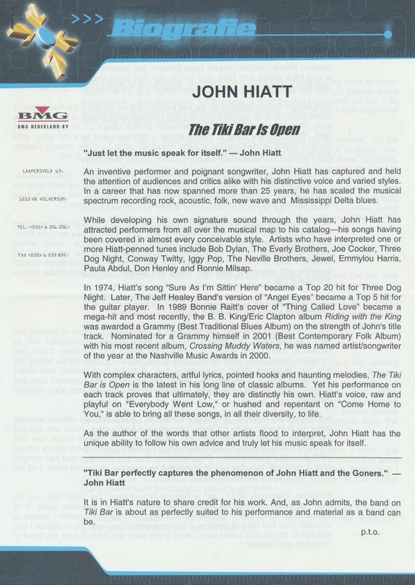 John Hiatt - The Tiki Bar Is Open - 2001 [Holland] - Press Release