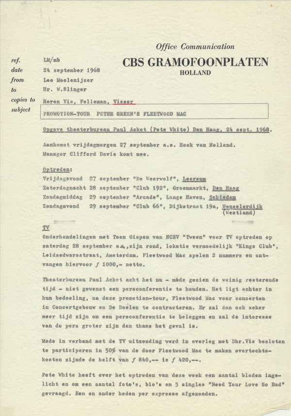 Fleetwood Mac - Office Communication - September 24, 1968 [Holland] - Memo