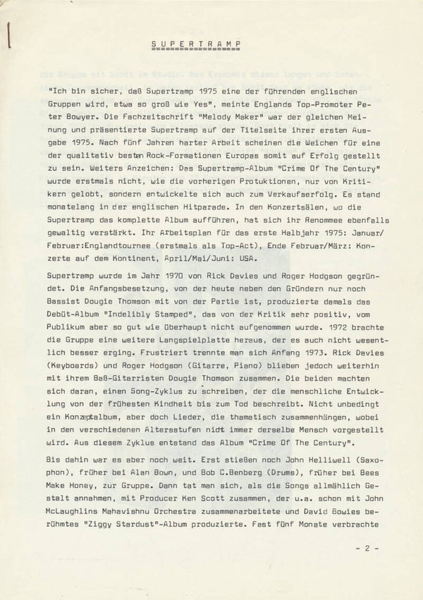 Supertramp - Crime Of The Century - 1974 [Germany] - Press Release