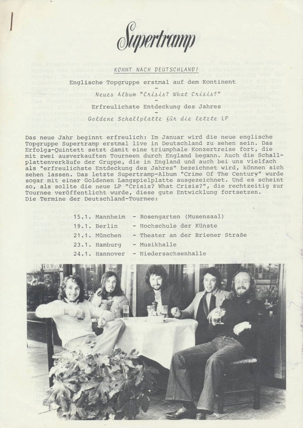 Supertramp - Kommt Nach Deutschland - 1976 [Germany] - Press Release