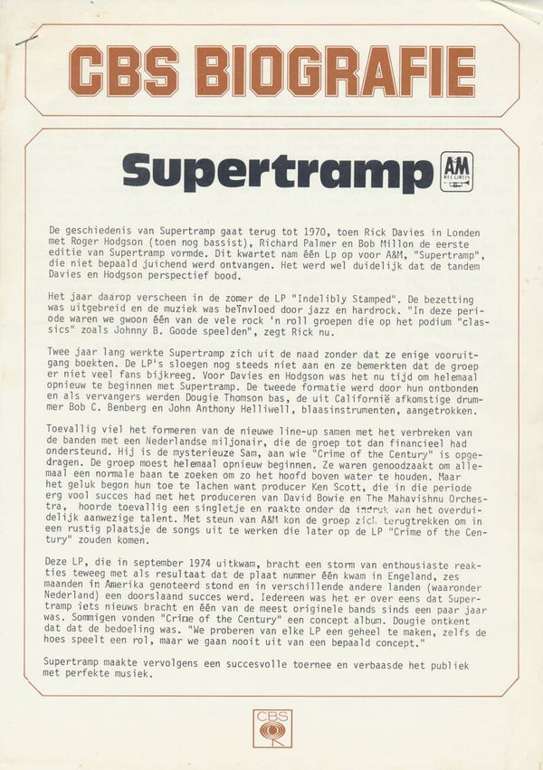 Supertramp - CBS Biografie - 1977 [Holland] - Press Release