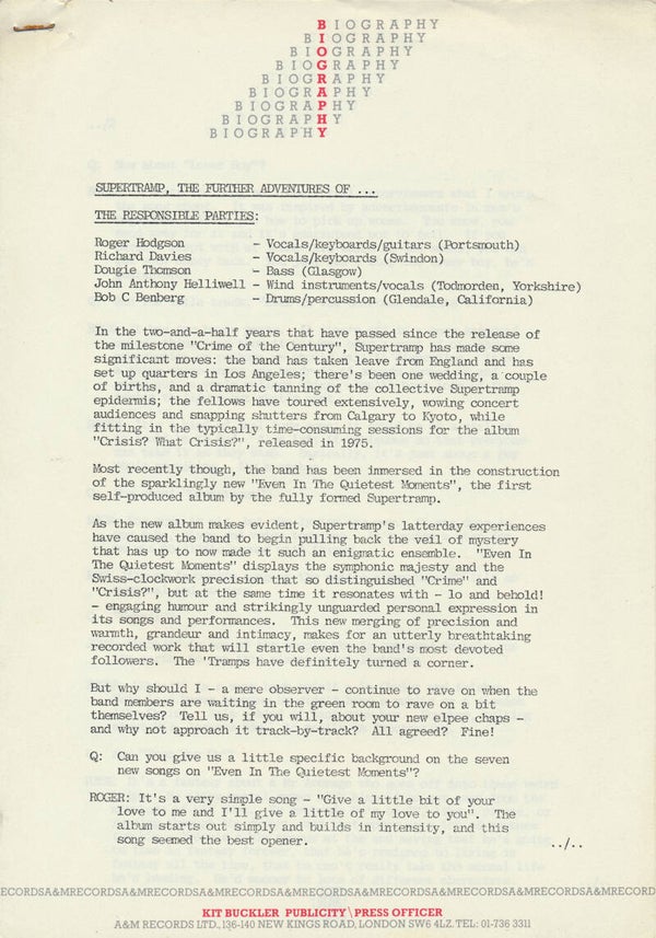 Supertramp - The Further Adventures Of … - April 1977 [UK] - Press Release