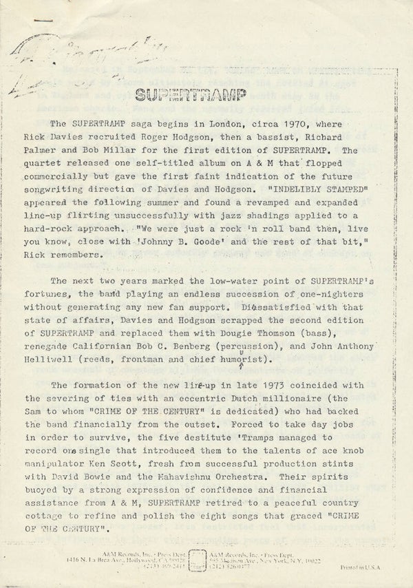 Supertramp - Biography - 1977 [USA/Holland] - Press Release