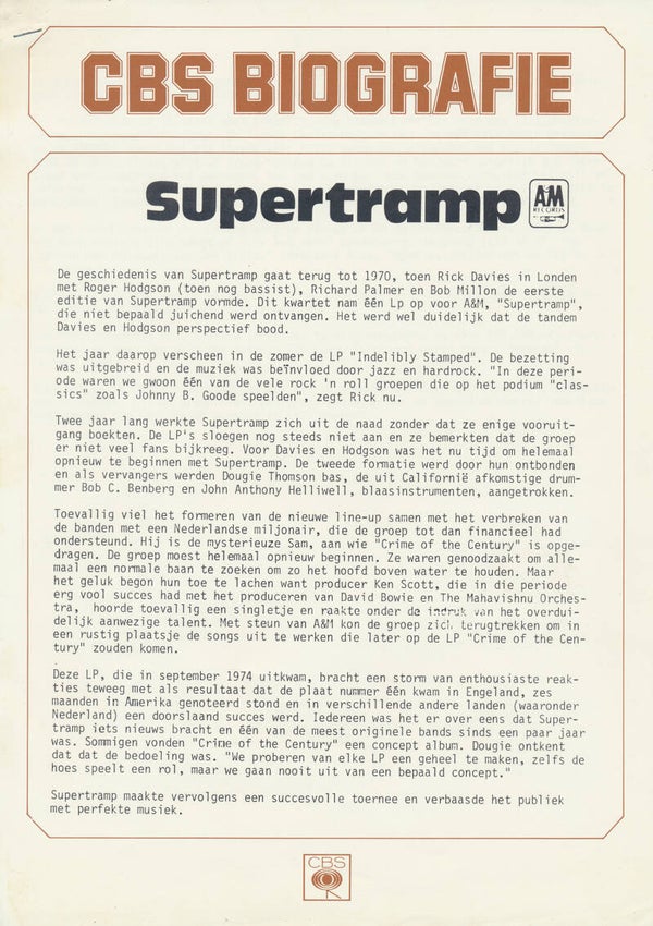 Supertramp - CBS Biografie - 1977 [Holland] - Press Release
