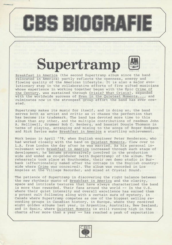 Supertramp - CBS Biografie - 1979 [Holland] - Press Release