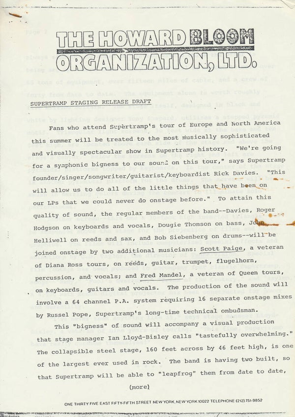 Supertramp - Staging Release Draft - 1979 [USA/Holland] - Press Release