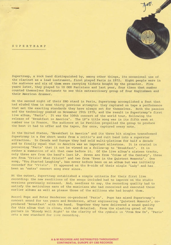 Supertramp - September 1980 [UK] - Press Release
