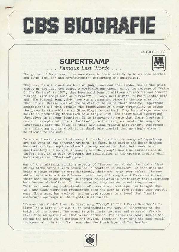Supertramp - Famous Last Words - October 1982 [Holland] - Press Release