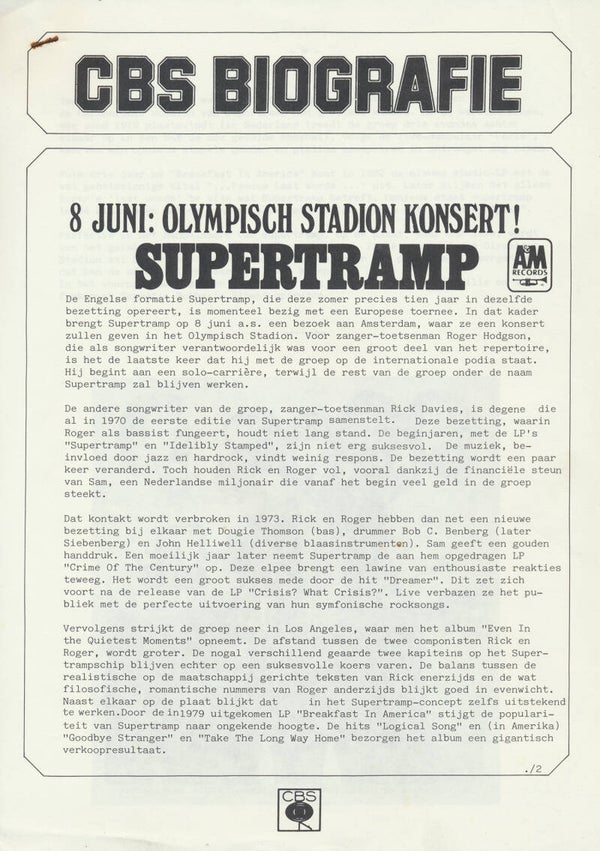 Supertramp - 8 Juni: Olympisch Stadion Konsert! - 1983 [Holland] - Press Release