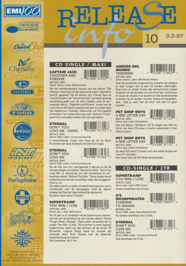 Supertramp - Release Info - March 3, 1997 [Holland] - Sales Sheet
