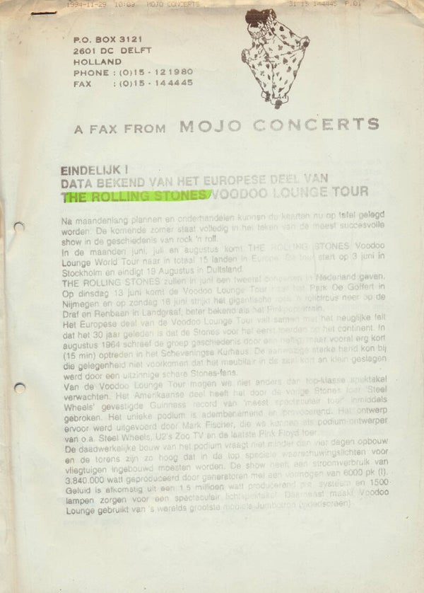 The Rolling Stones - Voodoo Lounge Tour - Mojo - 1994 [Holland] - Fax