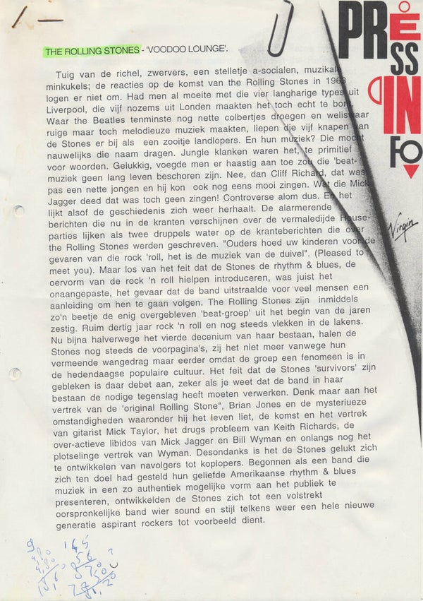 The Rolling Stones - Voodoo Lounge - 1994 [Holland] - Press Release