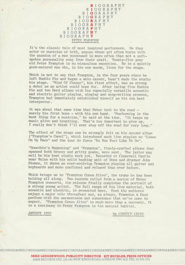 Peter Frampton - Biography - January 1976 [UK] - Press Release