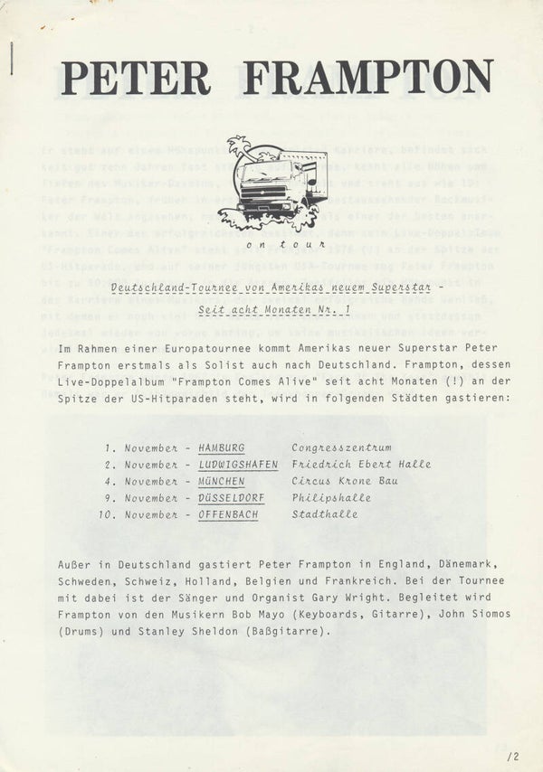 Peter Frampton - Deutschland Tournee - 1977 [Germany] - Press Release