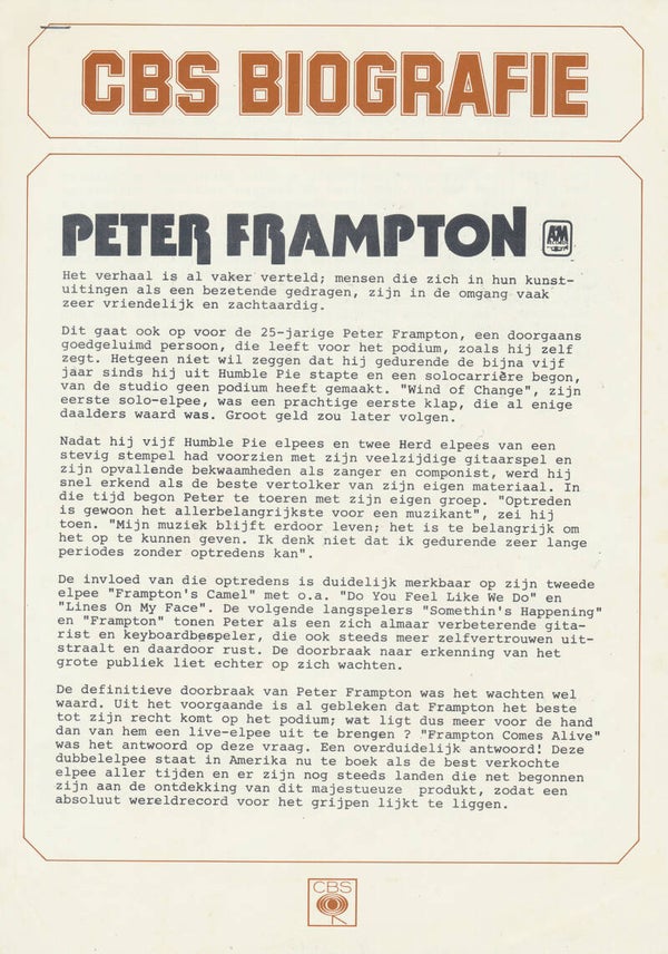 Peter Frampton - CBS Biografie - 1976 [Holland] - Press Release