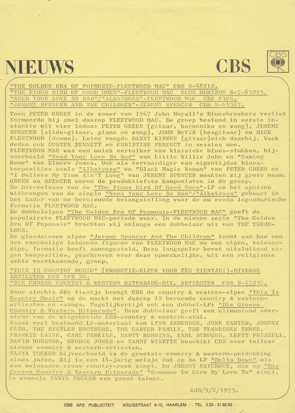 Fleetwood Mac - CBS Nieuws - 1973 [Holland] - Press Release