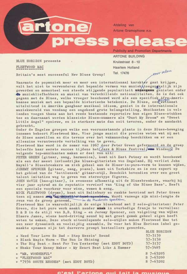 Fleetwood Mac - Artone Press Release - 1968 [Holland] - Press Release