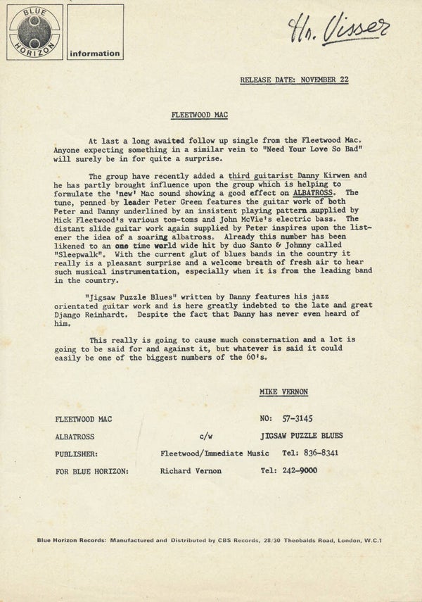 Fleetwood Mac - Albatross - 1968 [UK] - Press Release
