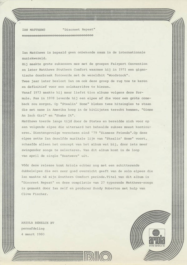 Iain Matthews - Discreet Repeat - 1980 [Holland] - Press Release
