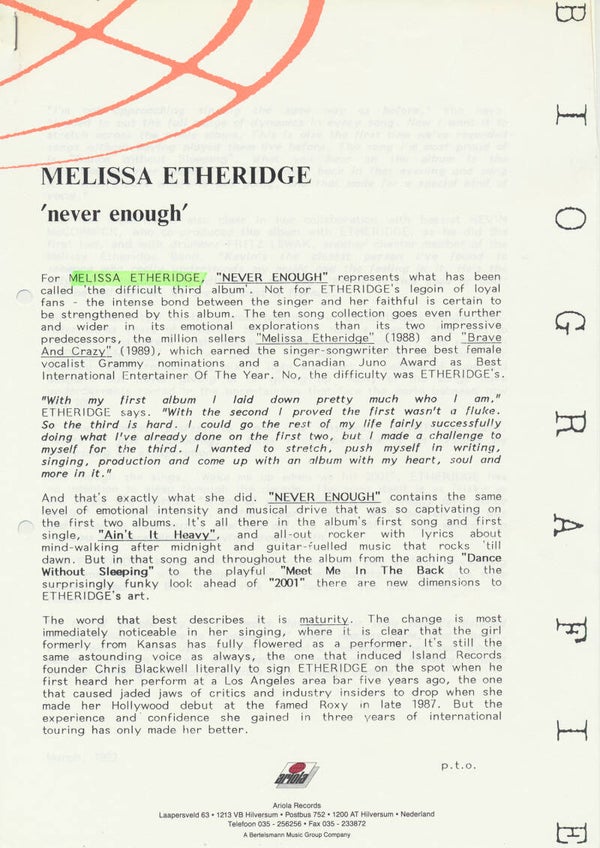 Melissa Etheridge - Never Enough - March 1992 [Holland] - Press Release