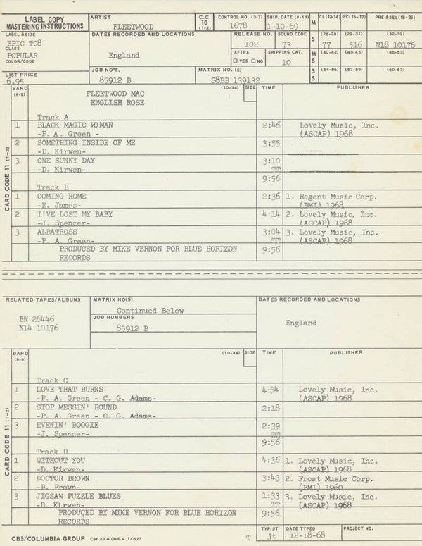 Fleetwood Mac - English Rose - October 1, 1969 [UK] - Label Copy