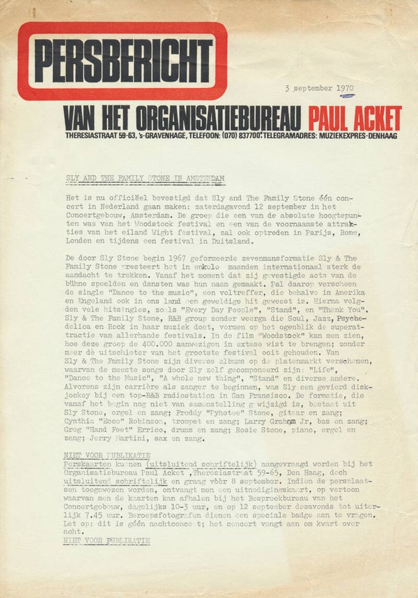 Sly and the Family Stone - In Amsterdam - 1970 [Holland] - Press Release