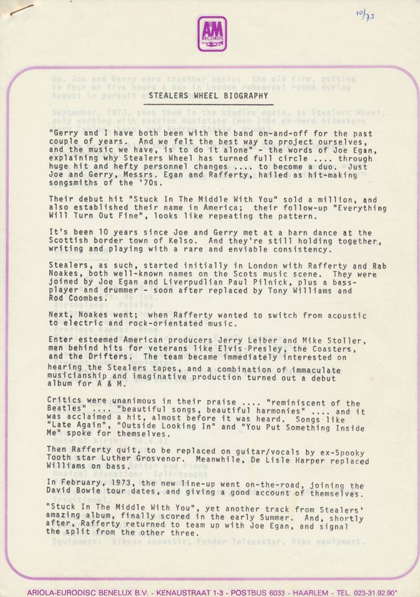 Stealers Wheel - Biography - October 1973 [Holland] - Press Release