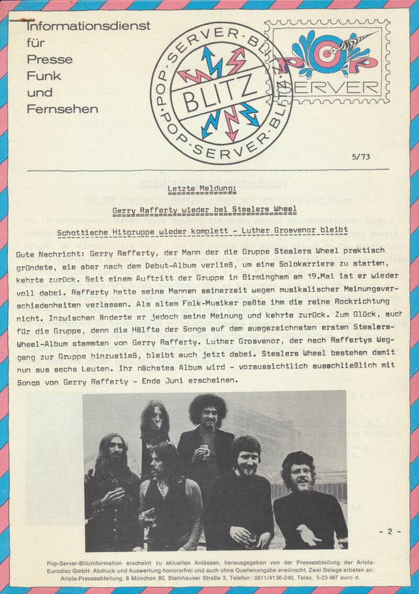 Stealers Wheel - Gerry Rafferty wieder bei Stealers Wheel - 1973 [Germany] - Press Release