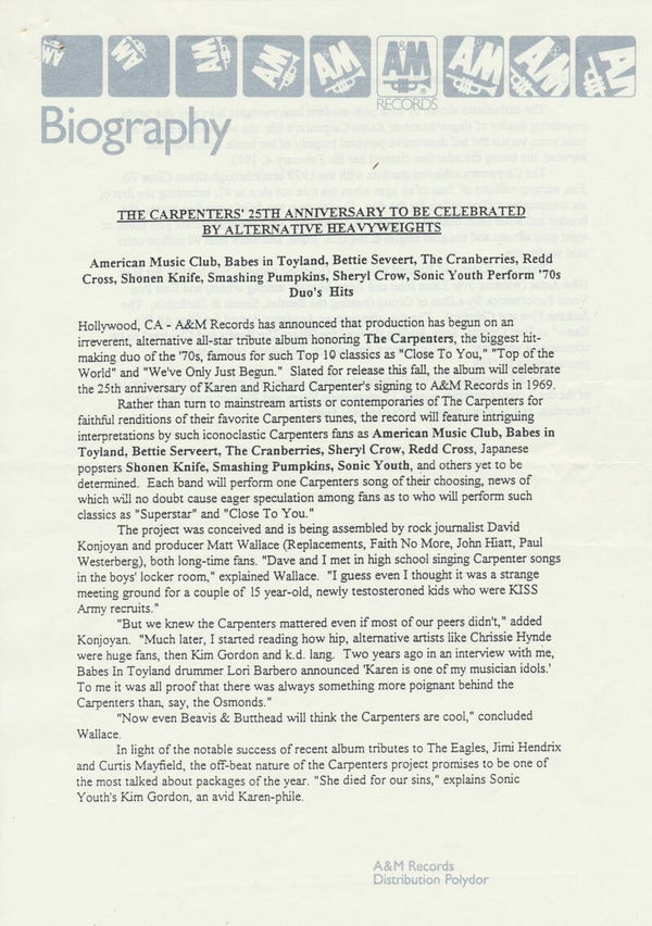 The Carpenters - 25th Anniversary - 1994 [Holland] - Press Release