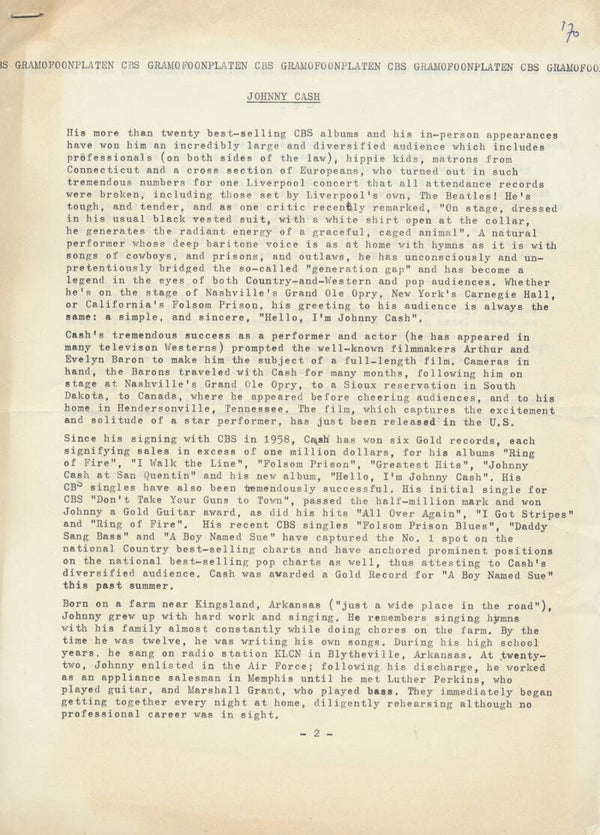 Johnny Cash - April 1970 [Holland] - Press Release