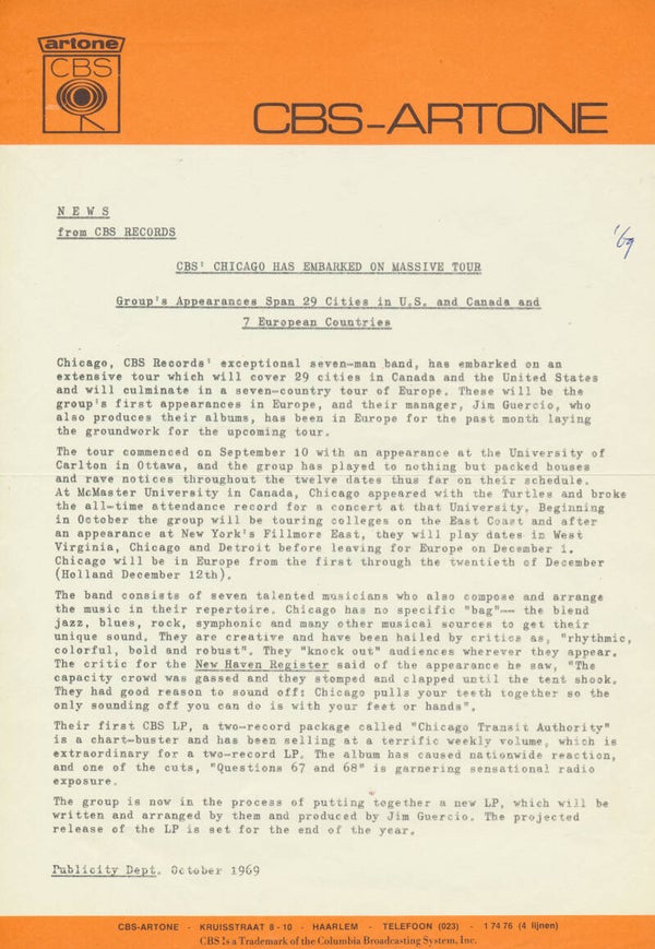 Chicago - Embarked On Massive Tour - 1969 [Holland] - Press Release