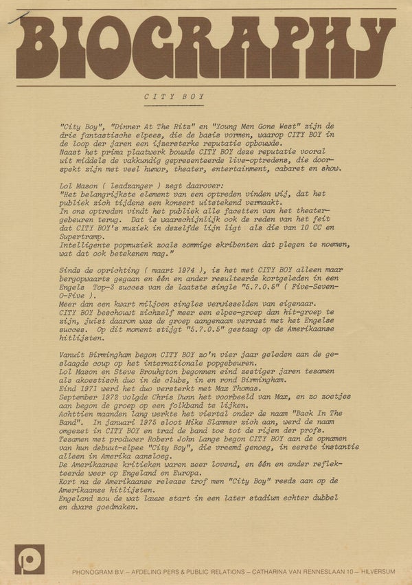 City Boy - Biography - 1978 [Holland] - Press Release