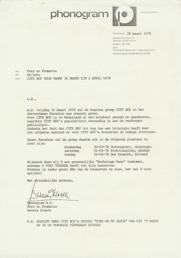 City Boy - Tour Vanaf 30 Maart t/m 2 April 1978 [Holland] - Press Release