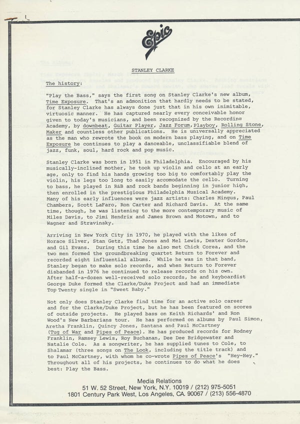 Stanley Clarke - The History - 1984 [USA] - Press Release