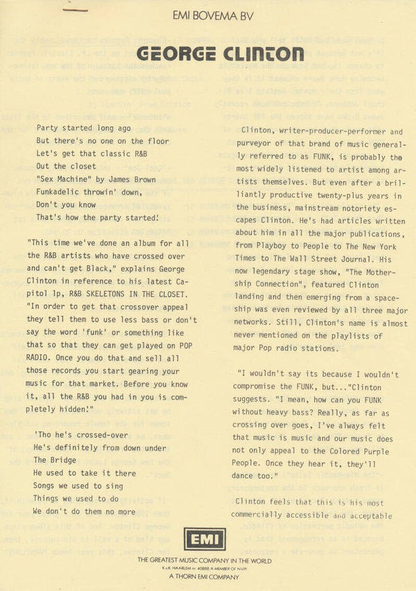George Clinton - R&B Skeletons In The Closet - 1986 [Holland] - Press Release